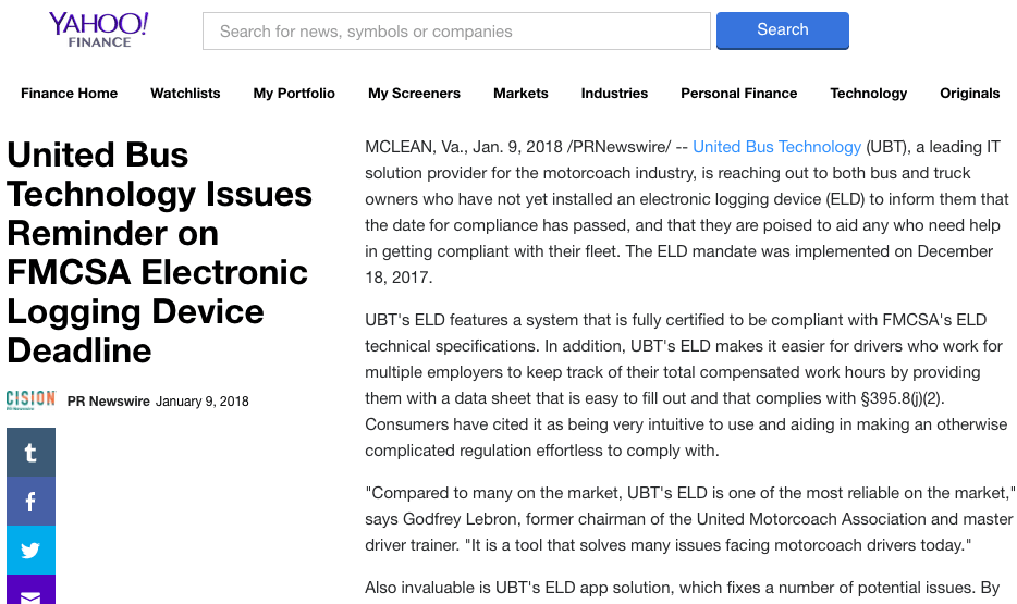 United Bus Technology Issues Reminder on FMCSA Electronic Logging Device Deadline