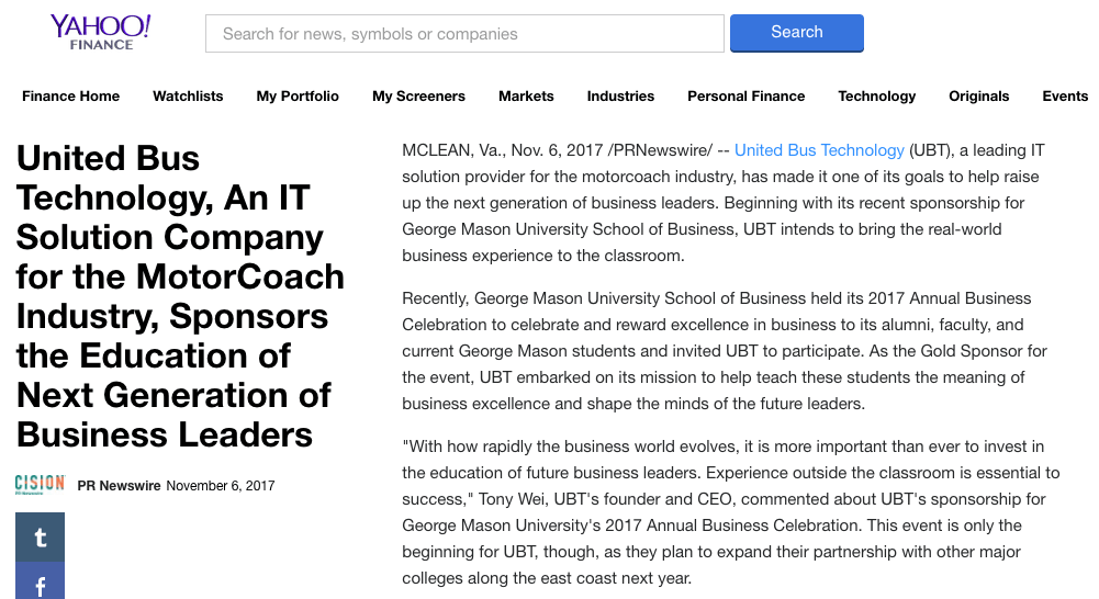 United Bus Technology, An IT Solution Company for the MotorCoach Industry, Sponsors the Education of Next Generation of Business Leaders