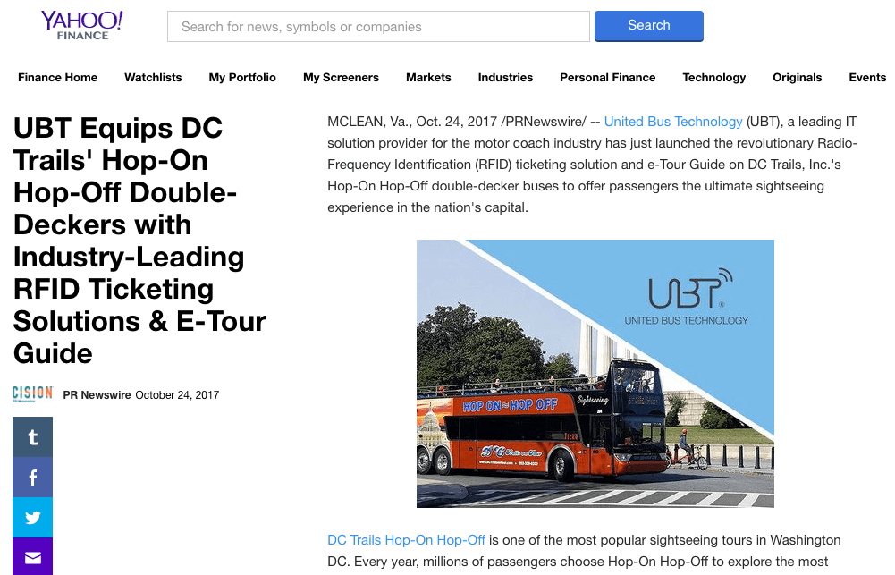 UBT Equips DC Trails’ Hop-On Hop-Off Double-Deckers with Industry-Leading RFID Ticketing Solutions & E-Tour Guide